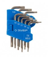Набор ключей шестигр. МИНИ для точных работ (T5-T20) 8 шт.Cr-V TORX, с отверстием, для защищенного крепежа ЗУБР (27477-Н8)