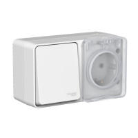 Блок О/П выключатель 1 кл + розетка 1гн с з/к со шт. СЕРЫЙ AtlasDesign PROFI IP54 16А 250B ATN543070